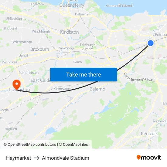 Haymarket to Almondvale Stadium map