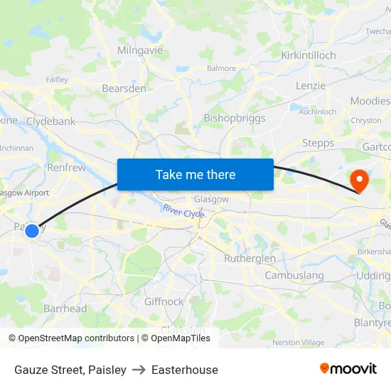 Gauze Street, Paisley to Easterhouse map