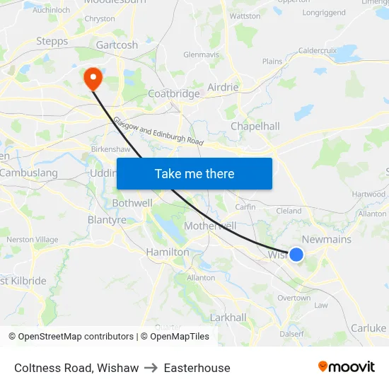 Coltness Road, Wishaw to Easterhouse map