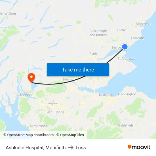 Ashludie Hospital, Monifieth to Luss map