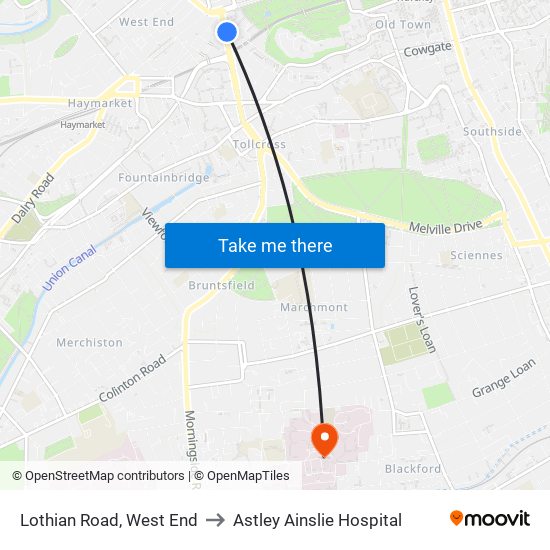 Lothian Road, West End to Astley Ainslie Hospital map