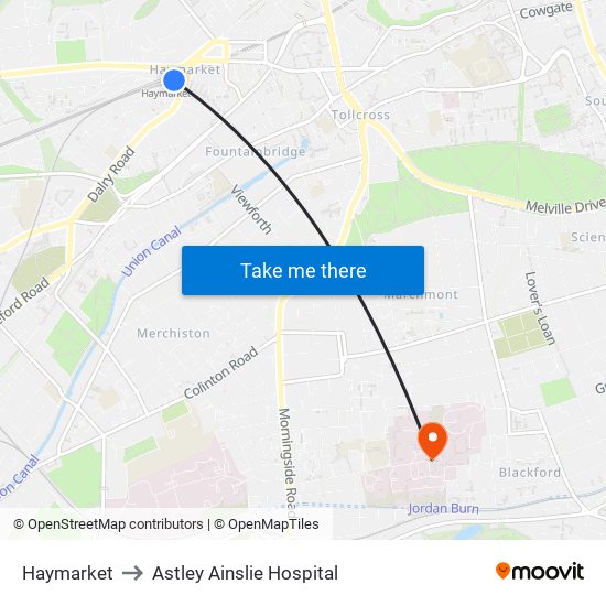 Haymarket to Astley Ainslie Hospital map