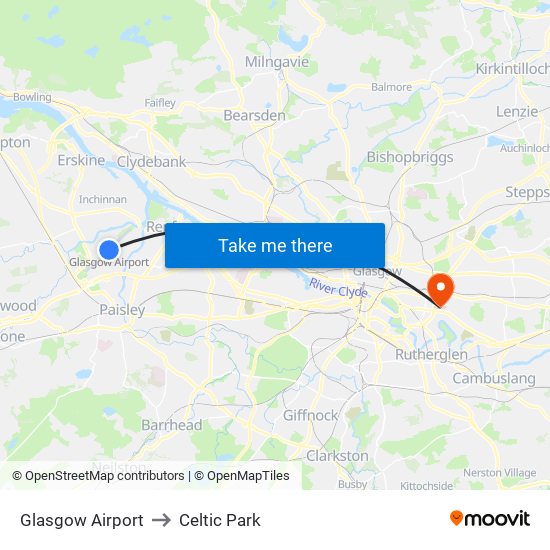 Glasgow Airport to Celtic Park map