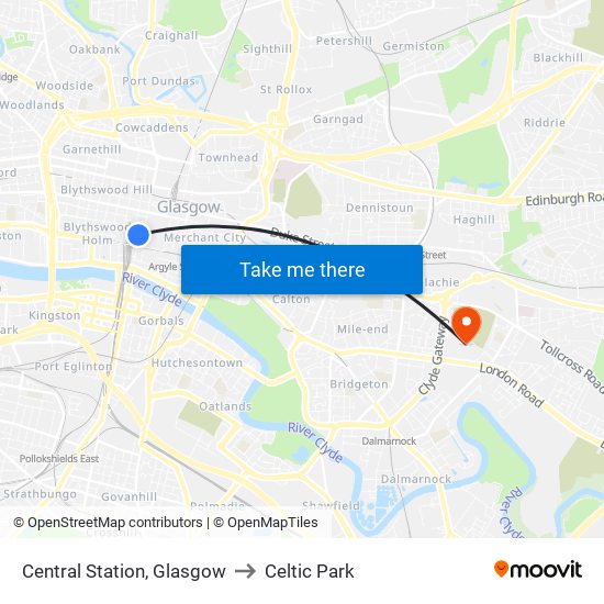 Central Station, Glasgow to Celtic Park map