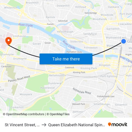 St Vincent Street, Glasgow to Queen Elizabeth National Spinal Injuries Unit map