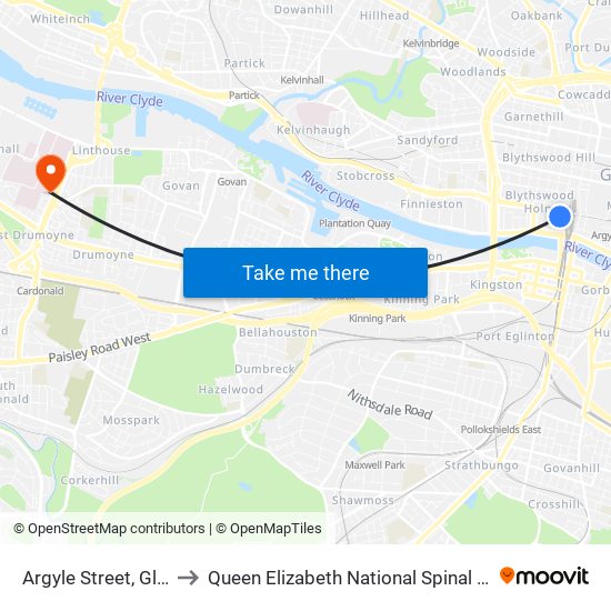 Argyle Street, Glasgow to Queen Elizabeth National Spinal Injuries Unit map