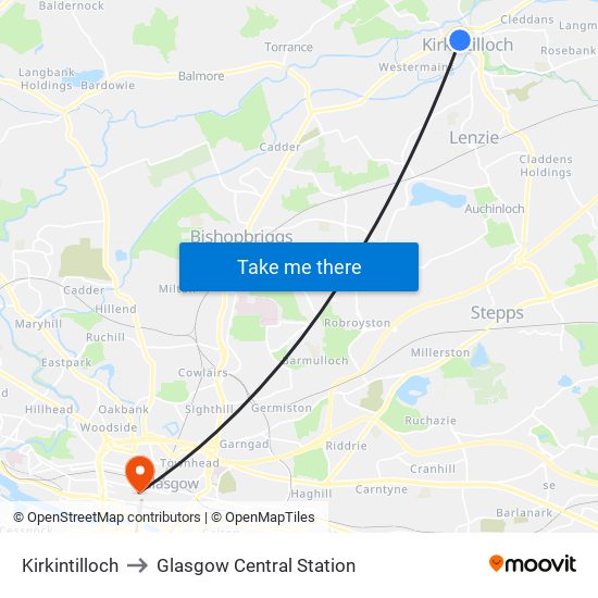 Kirkintilloch to Glasgow Central Station map