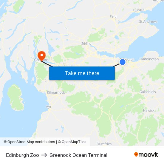 Edinburgh Zoo to Greenock Ocean Terminal map