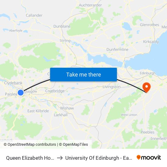 Queen Elizabeth Hospital, Govan to University Of Edinburgh - Easter Bush Campus map