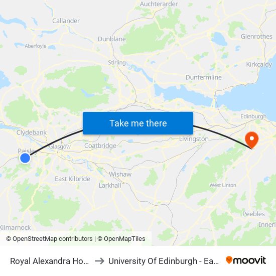 Royal Alexandra Hospital, Paisley to University Of Edinburgh - Easter Bush Campus map