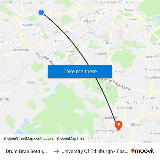 Drum Brae South, Corstorphine to University Of Edinburgh - Easter Bush Campus map