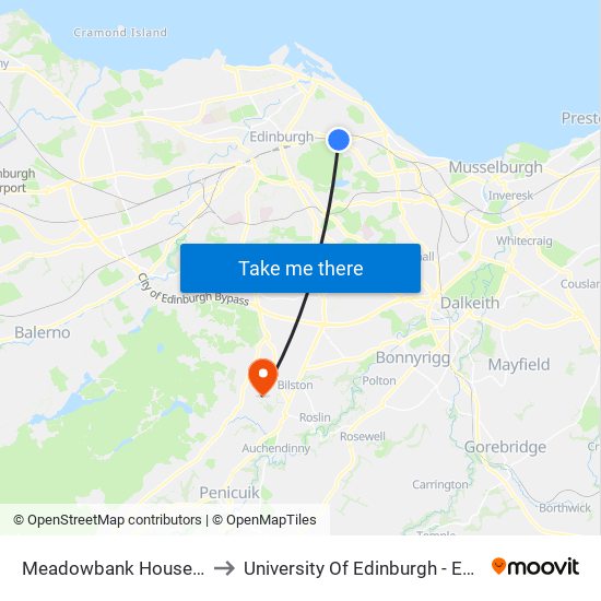 Meadowbank House, Meadowbank to University Of Edinburgh - Easter Bush Campus map