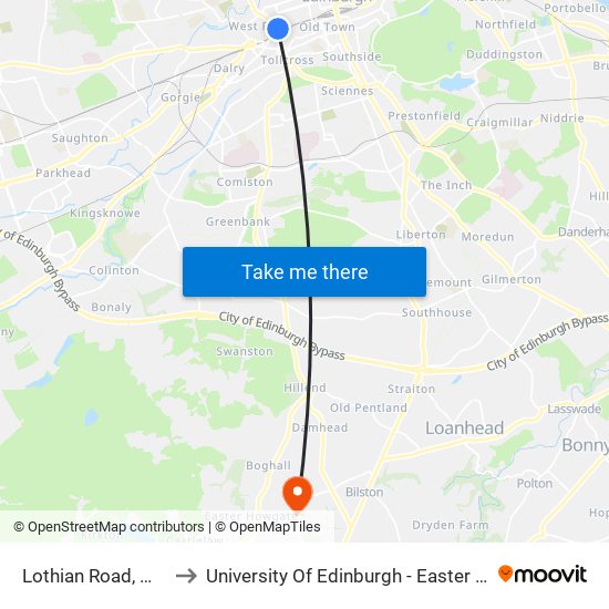 Lothian Road, West End to University Of Edinburgh - Easter Bush Campus map