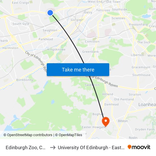 Edinburgh Zoo, Corstorphine to University Of Edinburgh - Easter Bush Campus map