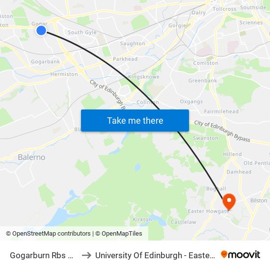 Gogarburn Rbs Hq, Gogar to University Of Edinburgh - Easter Bush Campus map