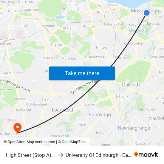 High Street (Stop A), Musselburgh to University Of Edinburgh - Easter Bush Campus map