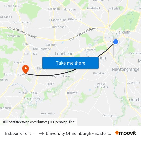 Eskbank Toll, Dalkeith to University Of Edinburgh - Easter Bush Campus map