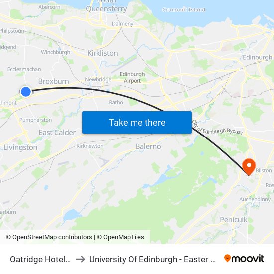 Oatridge Hotel, Uphall to University Of Edinburgh - Easter Bush Campus map