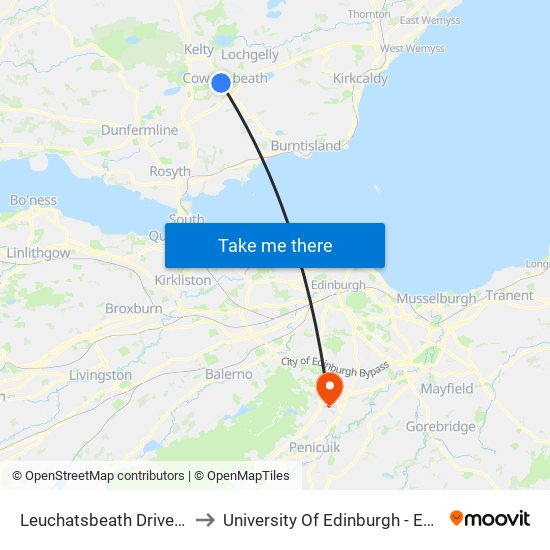 Leuchatsbeath Drive, Cowdenbeath to University Of Edinburgh - Easter Bush Campus map