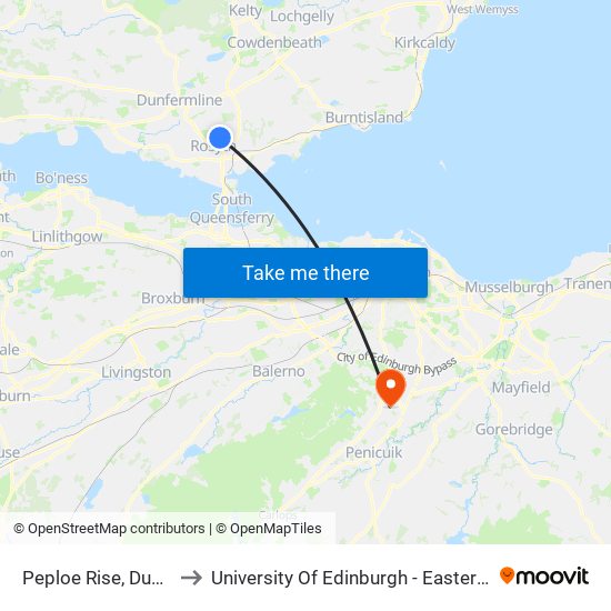 Peploe Rise, Dunfermline to University Of Edinburgh - Easter Bush Campus map