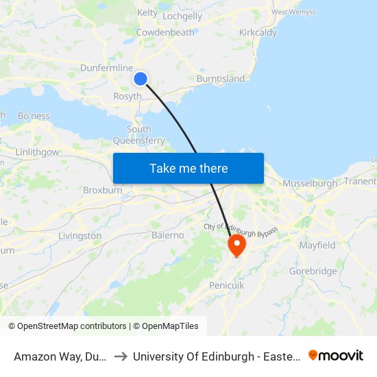 Amazon Way, Dunfermline to University Of Edinburgh - Easter Bush Campus map