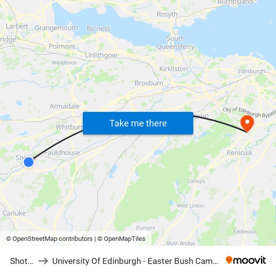 Shotts to University Of Edinburgh - Easter Bush Campus map