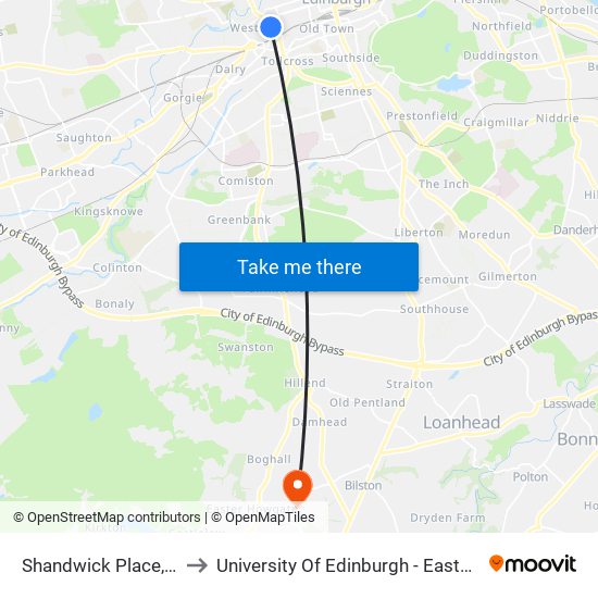 Shandwick Place, West End to University Of Edinburgh - Easter Bush Campus map