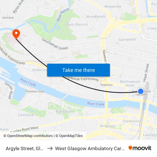 Argyle Street, Glasgow to West Glasgow Ambulatory Care Hospital map