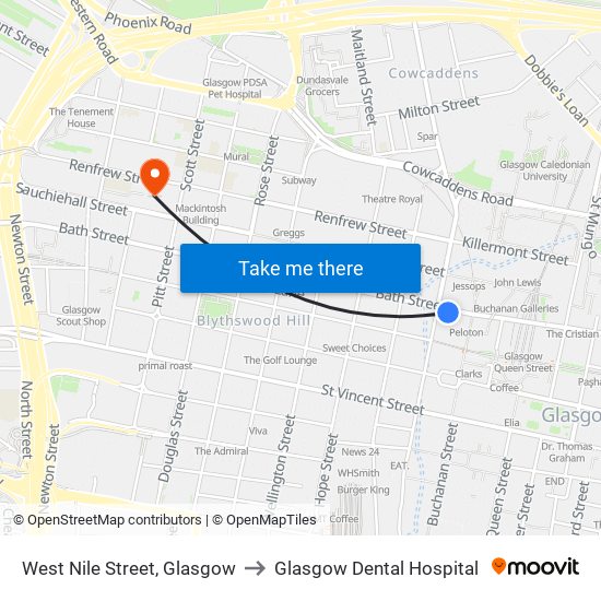West Nile Street, Glasgow to Glasgow Dental Hospital map