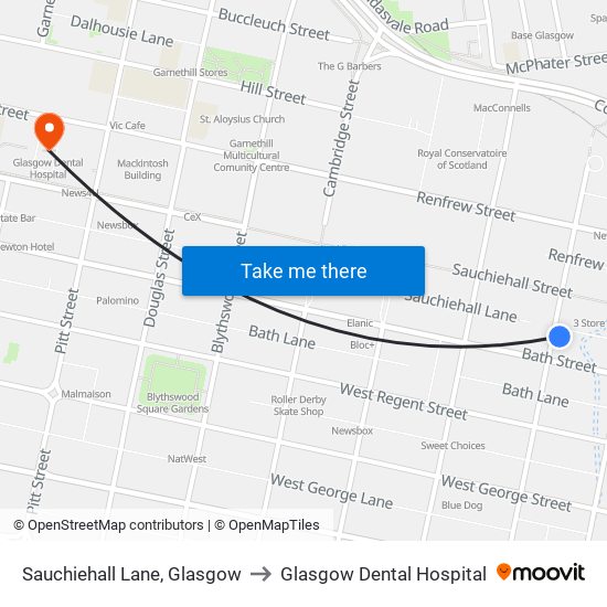 Sauchiehall Lane, Glasgow to Glasgow Dental Hospital map