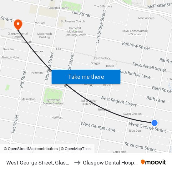 West George Street, Glasgow to Glasgow Dental Hospital map