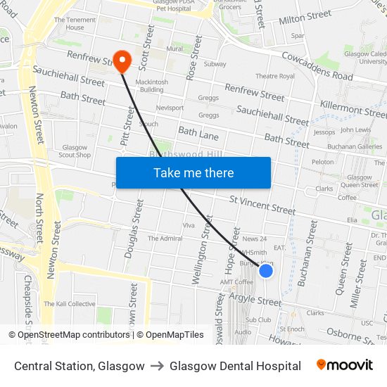 Central Station, Glasgow to Glasgow Dental Hospital map
