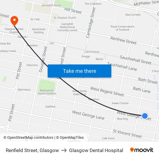 Renfield Street, Glasgow to Glasgow Dental Hospital map