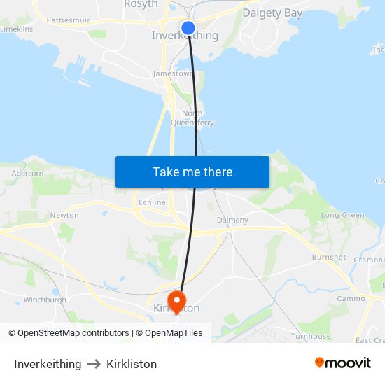 Inverkeithing to Kirkliston map