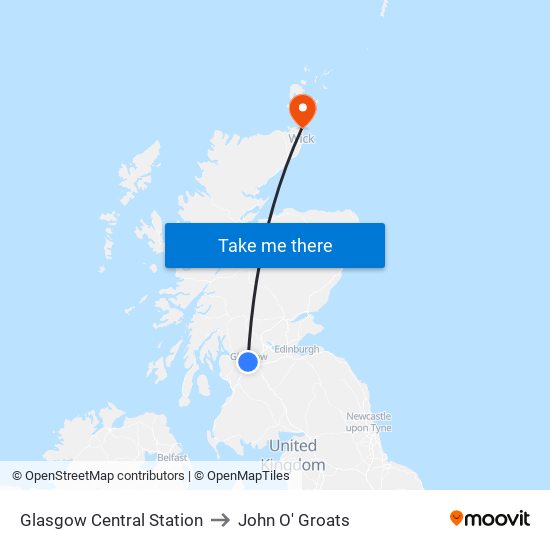 Glasgow Central Station to John O' Groats map