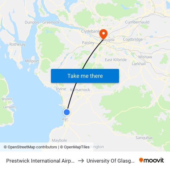 Prestwick International Airport to University Of Glasgow map