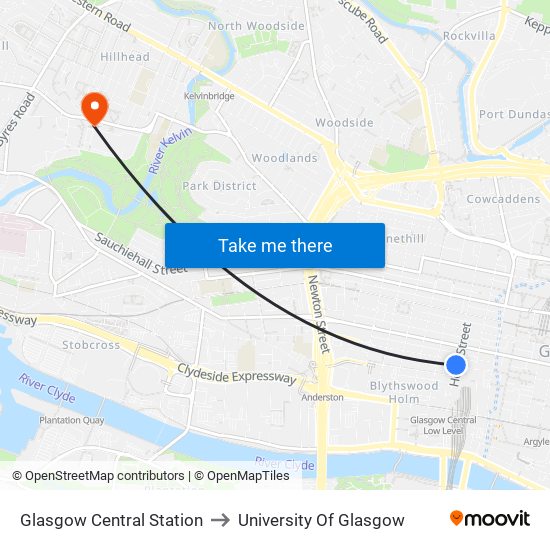 Glasgow Central Station to University Of Glasgow map