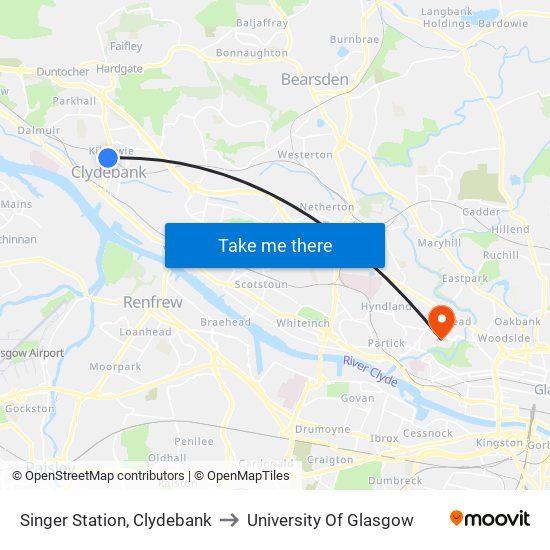 Singer Station, Clydebank to University Of Glasgow map