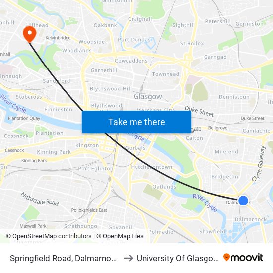 Springfield Road, Dalmarnock to University Of Glasgow map