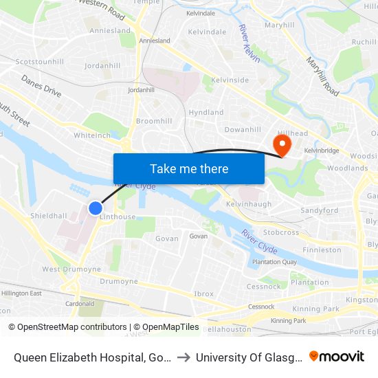 Queen Elizabeth Hospital, Govan to University Of Glasgow map