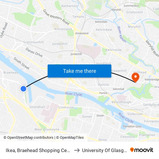 Ikea, Braehead Shopping Centre to University Of Glasgow map