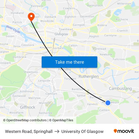 Western Road, Springhall to University Of Glasgow map
