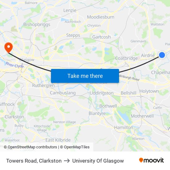 Towers Road, Clarkston to University Of Glasgow map