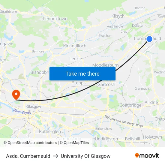Asda, Cumbernauld to University Of Glasgow map