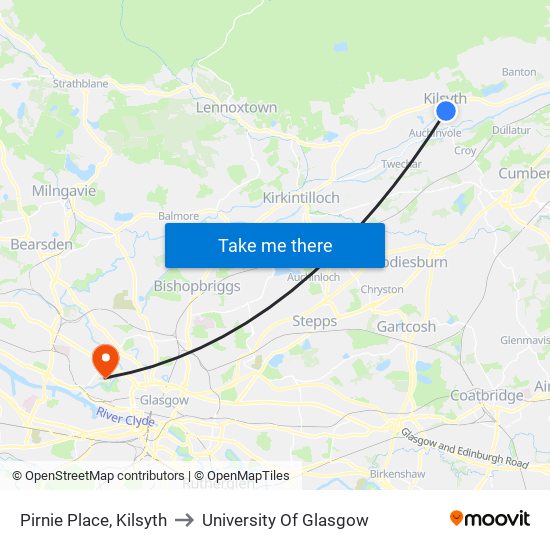 Pirnie Place, Kilsyth to University Of Glasgow map