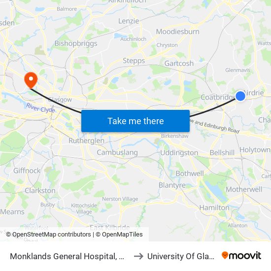 Monklands General Hospital, Whinhall to University Of Glasgow map