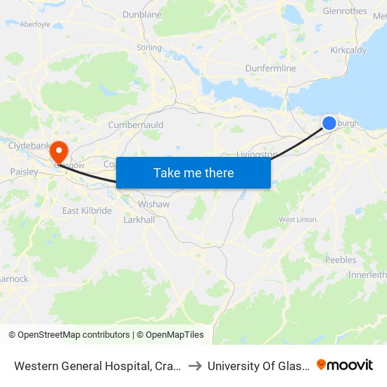 Western General Hospital, Craigleith to University Of Glasgow map