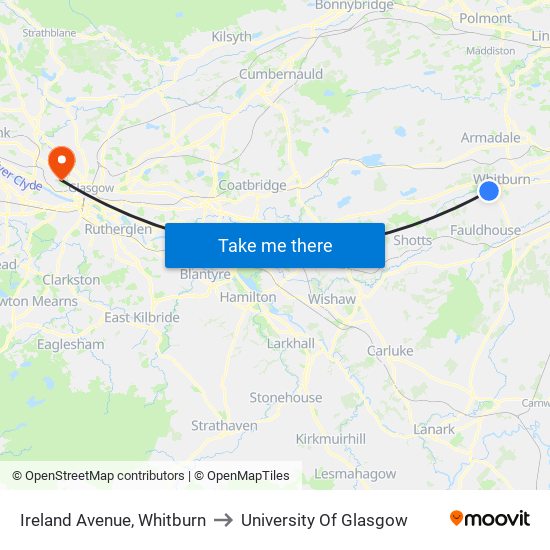 Ireland Avenue, Whitburn to University Of Glasgow map