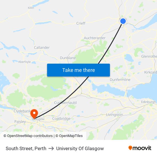 South Street, Perth to University Of Glasgow map