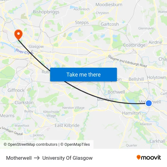 Motherwell to University Of Glasgow map
